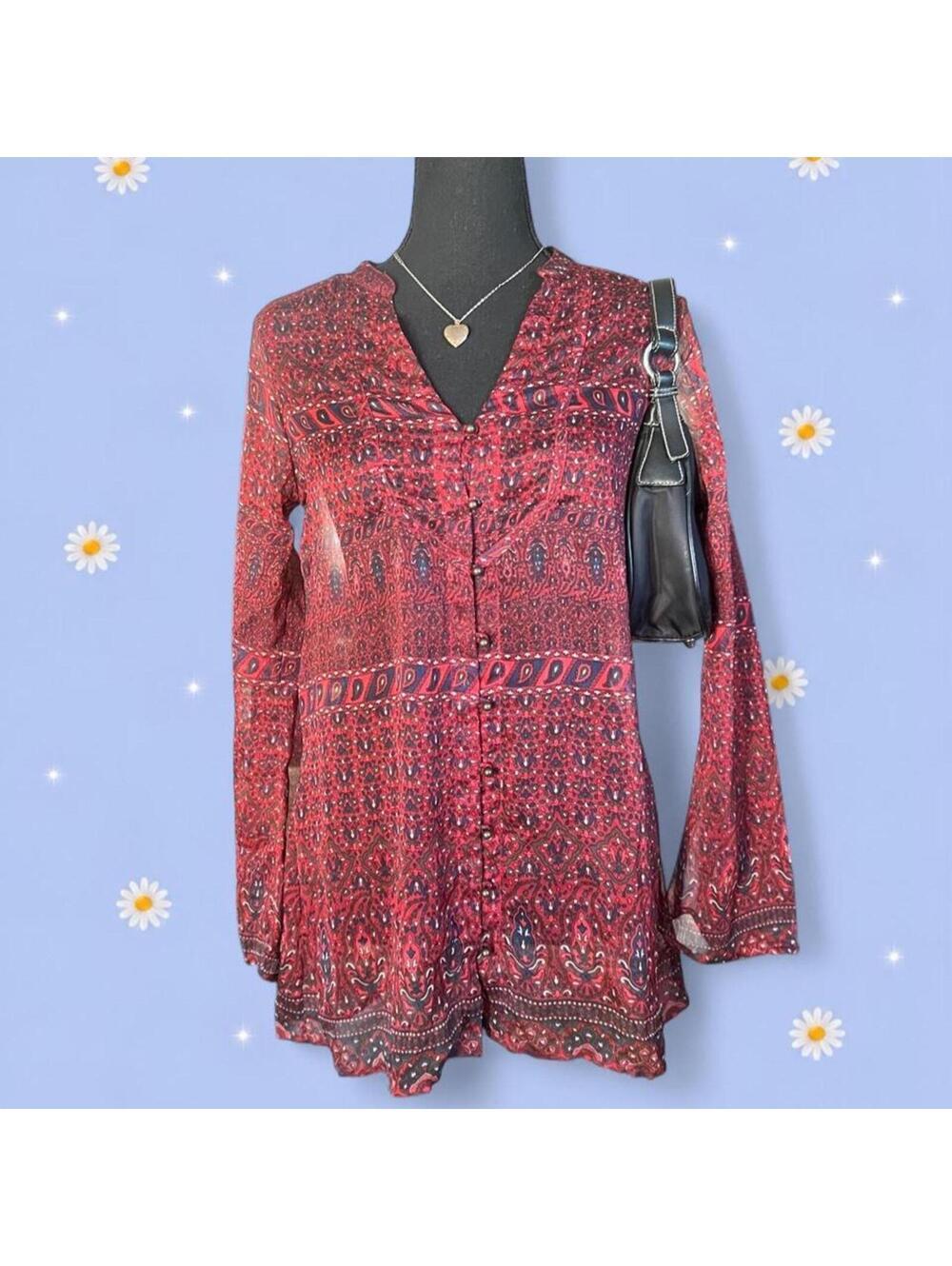 Vintage Y2K Converse One Star Boho Bell Sleeve Tunic Top Size Extra Small